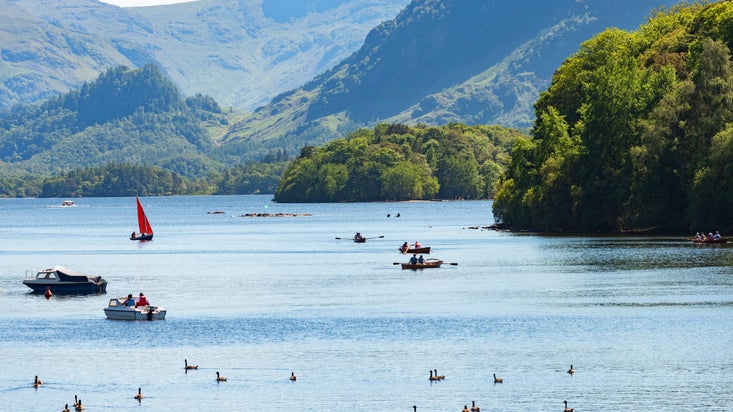 View of boats on Derwent Water on a sunny day